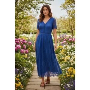 Merokeety Royal Blue Lace Maxi Dress A-Line Stretch Size M/L Wedding Spring